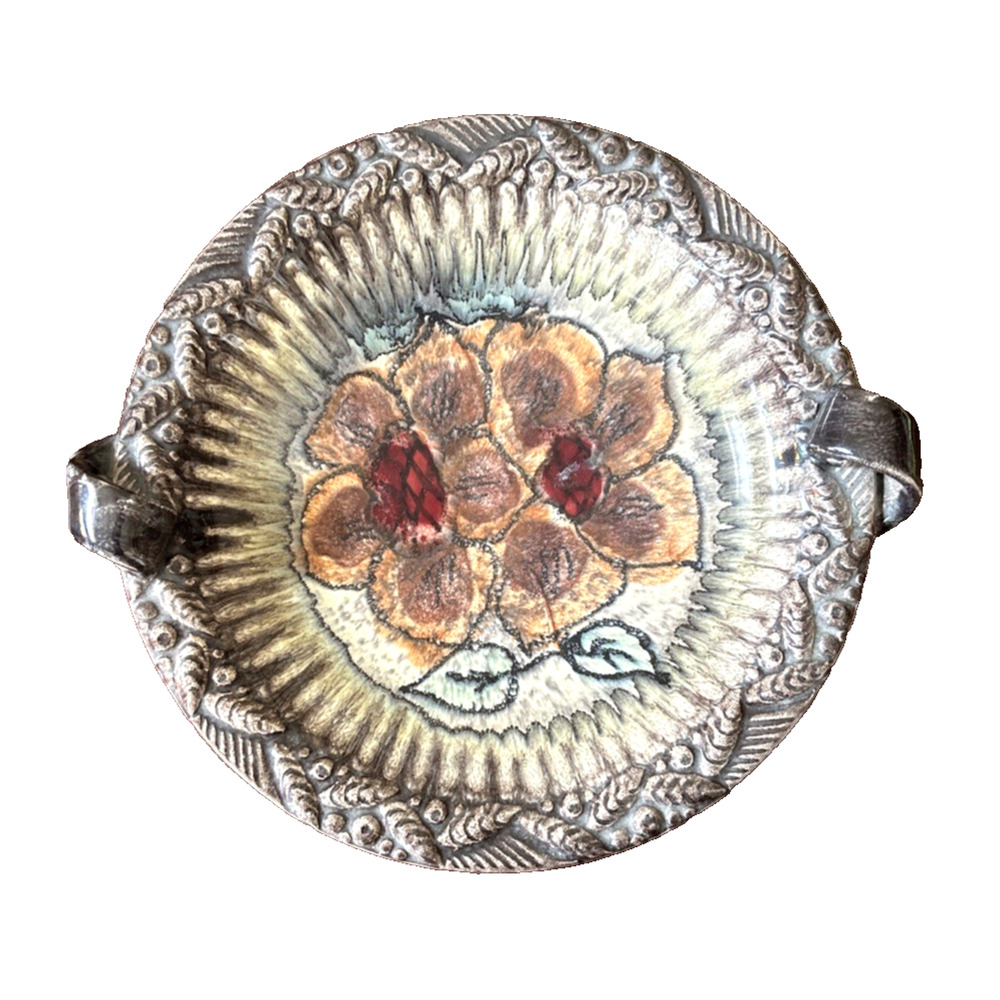 Vintage MCM Edel Keramik Höhr Germany Majolica Floral Handled Pottery Dish 12"